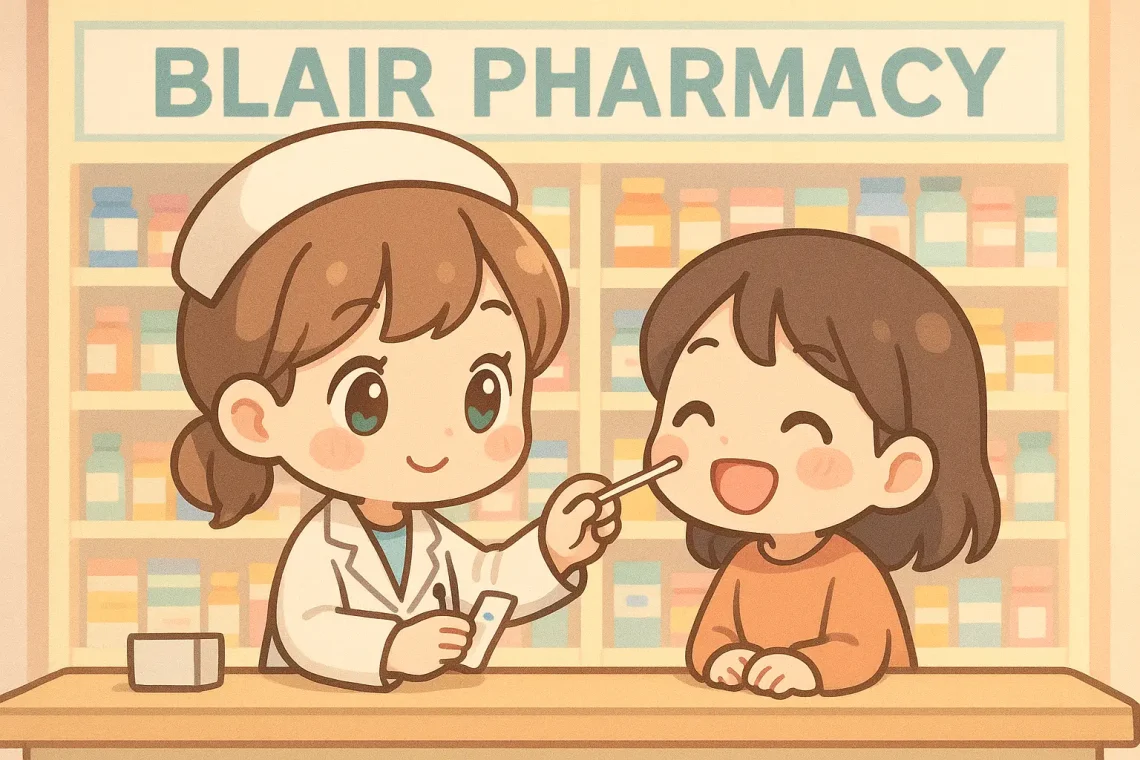 Friendly pharmacist in white coat and cap conducting a rapid nasal swab test on a smiling female patient at the Blair Pharmacy counter, pastel kawaii-style cartoon with medicine shelves background